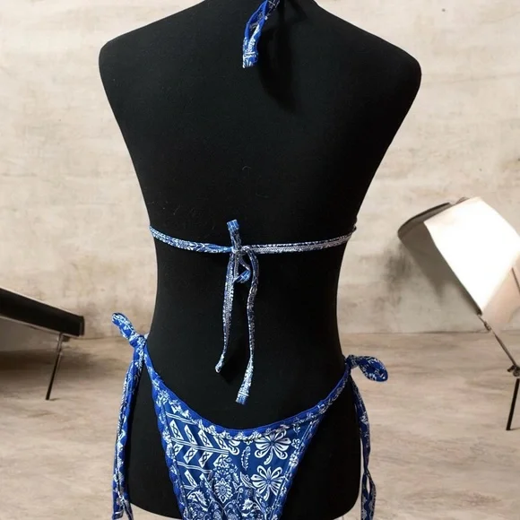 Blue Printed Triangle Bikini Set - Women Swim - Picture 3 of 4